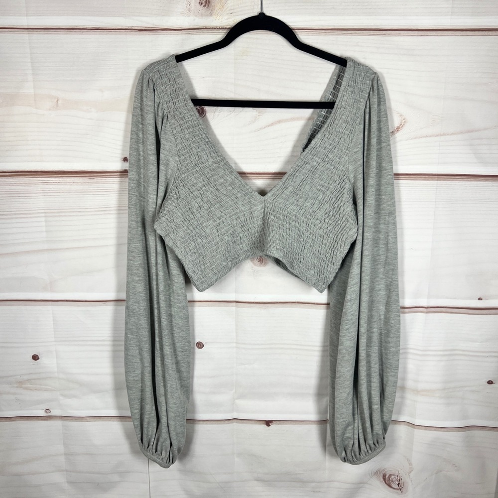Vintage Havana Blouse Womens Large Gray Solid Smocked Balloon Sleeve Crop Top‎